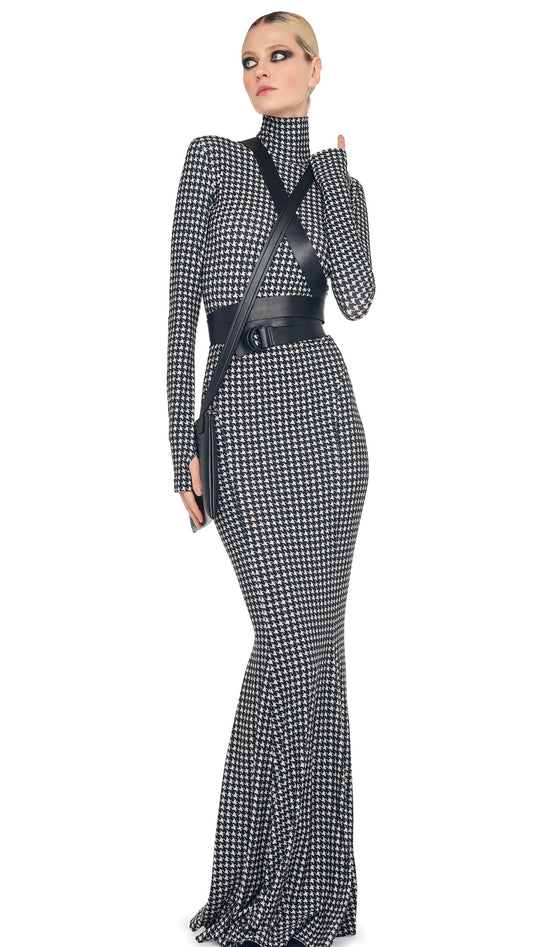 LONG SLEEVE TURTLE FISHTAIL GOWN Large Houndstooth | Norma Kamali Women