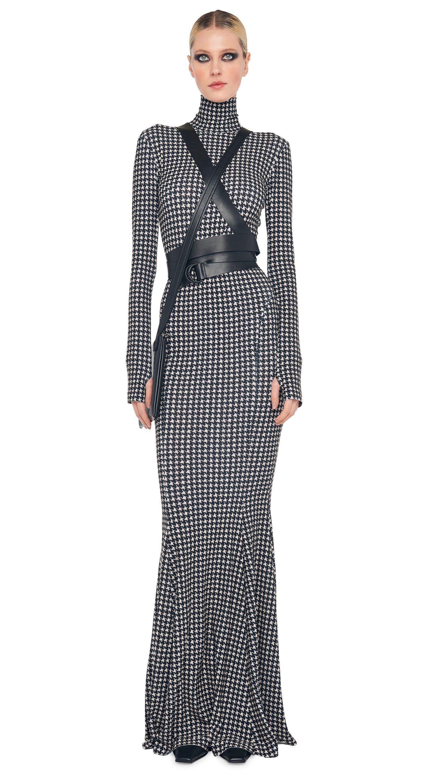 LONG SLEEVE TURTLE FISHTAIL GOWN Large Houndstooth | Norma Kamali Women