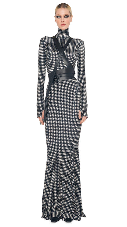 LONG SLEEVE TURTLE FISHTAIL GOWN Large Houndstooth | Norma Kamali Women