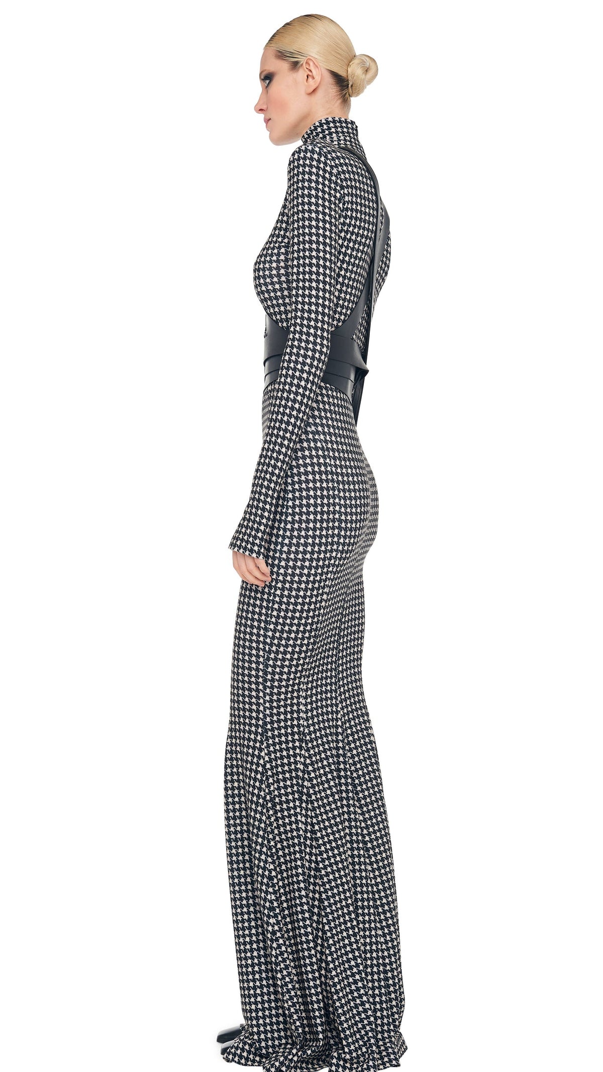 LONG SLEEVE TURTLE FISHTAIL GOWN Large Houndstooth | Norma Kamali Women