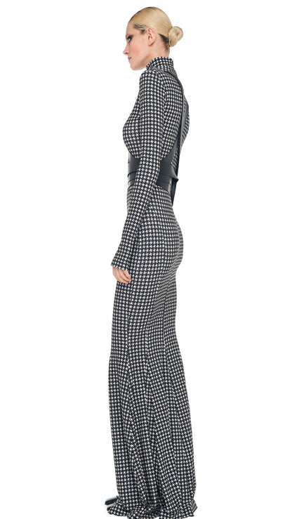 LONG SLEEVE TURTLE FISHTAIL GOWN Large Houndstooth | Norma Kamali Women