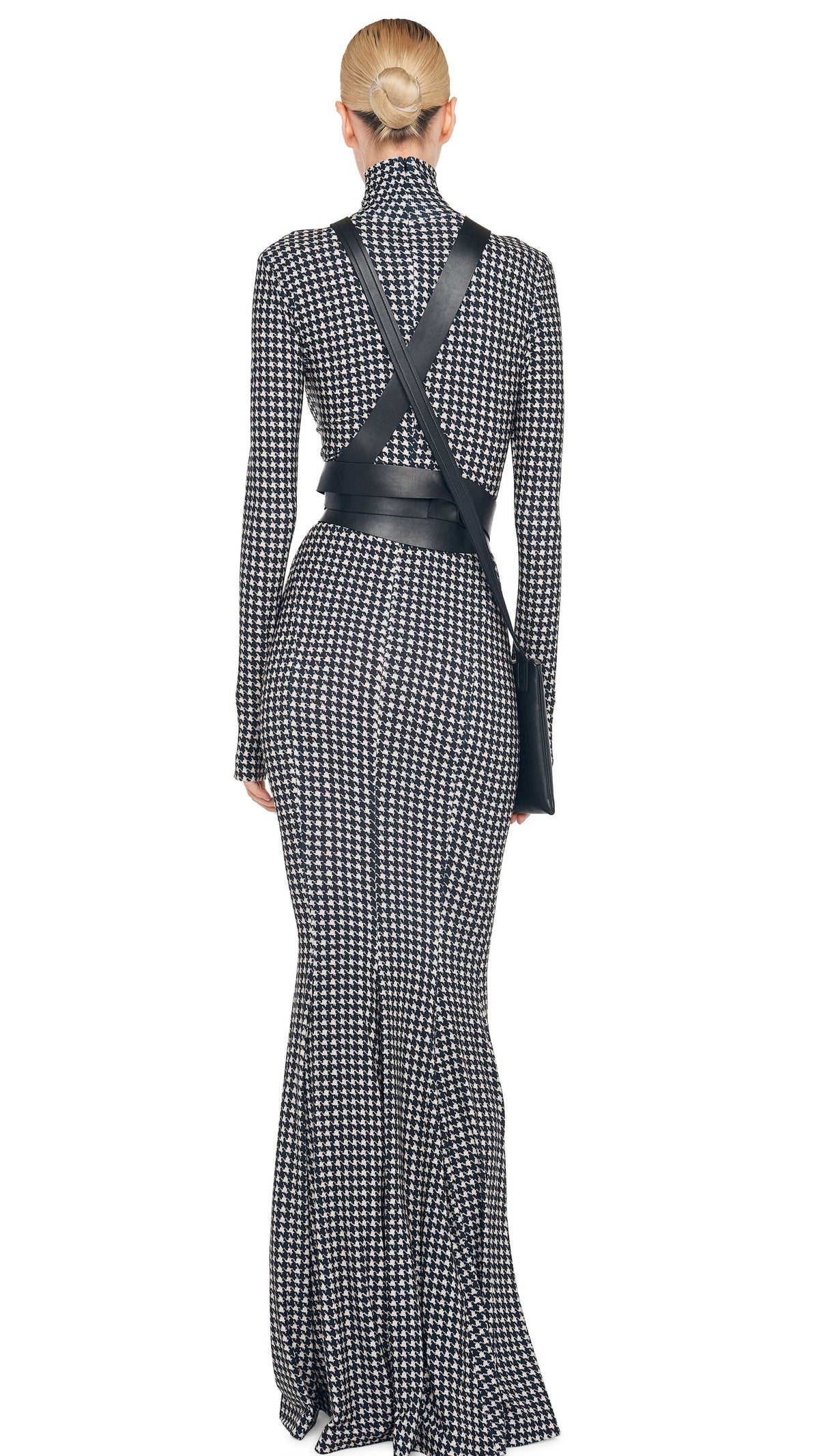 LONG SLEEVE TURTLE FISHTAIL GOWN Large Houndstooth | Norma Kamali Women