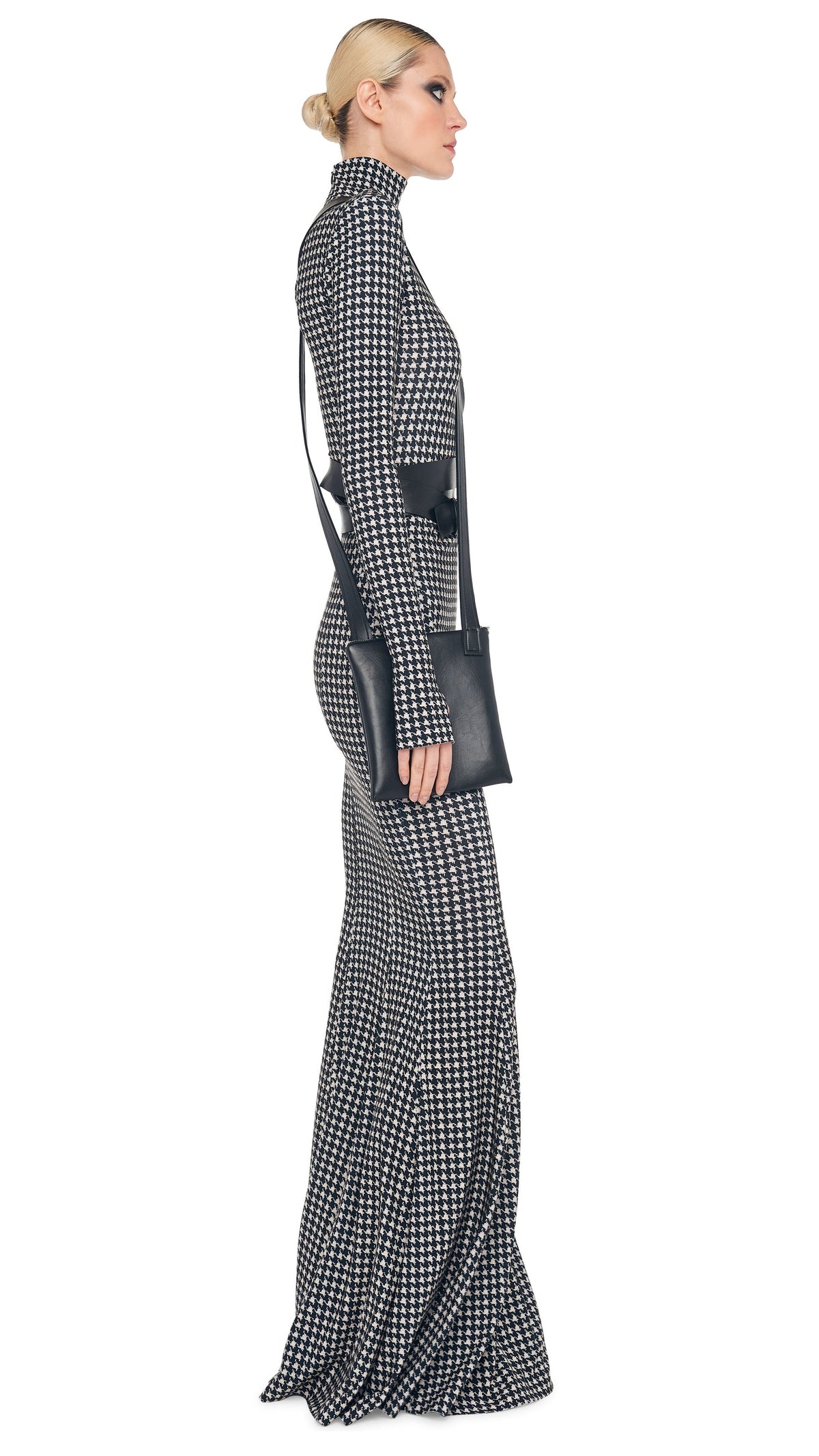 LONG SLEEVE TURTLE FISHTAIL GOWN Large Houndstooth | Norma Kamali Women