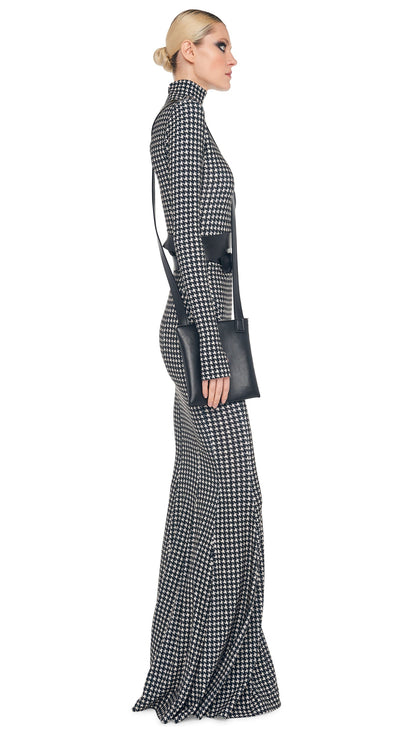 LONG SLEEVE TURTLE FISHTAIL GOWN Large Houndstooth | Norma Kamali Women