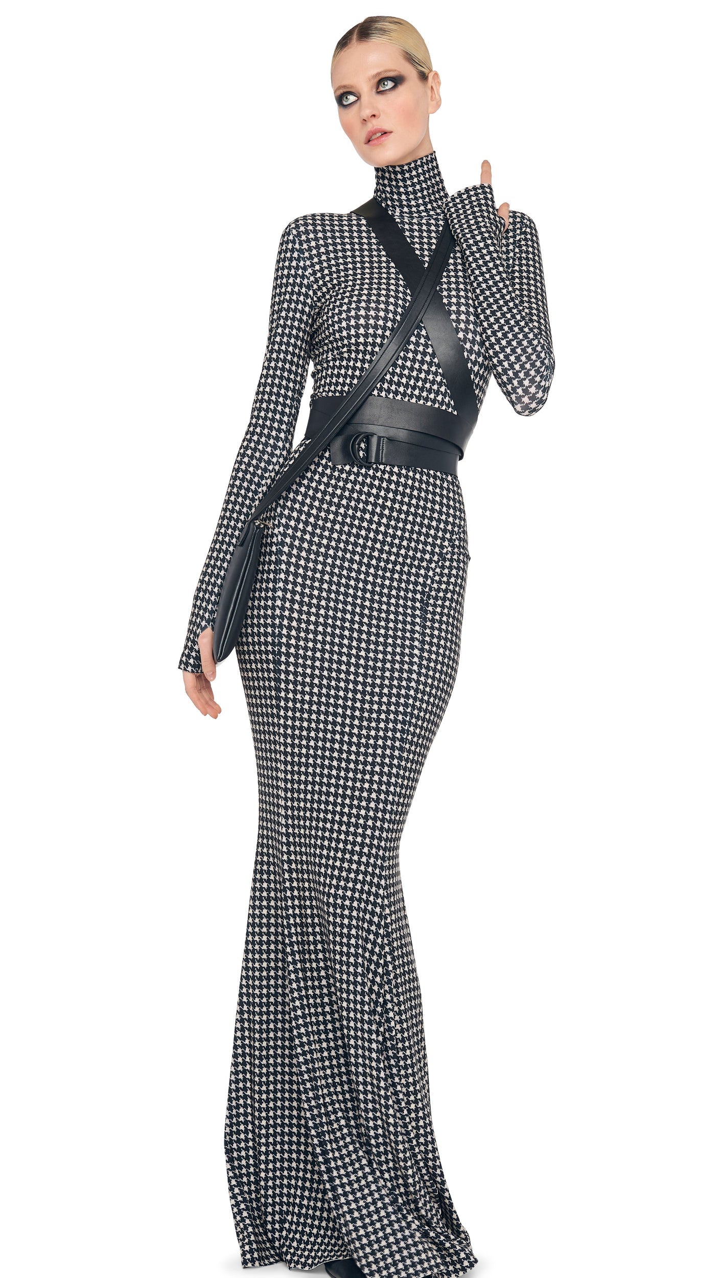 LONG SLEEVE TURTLE FISHTAIL GOWN Large Houndstooth | Norma Kamali Women