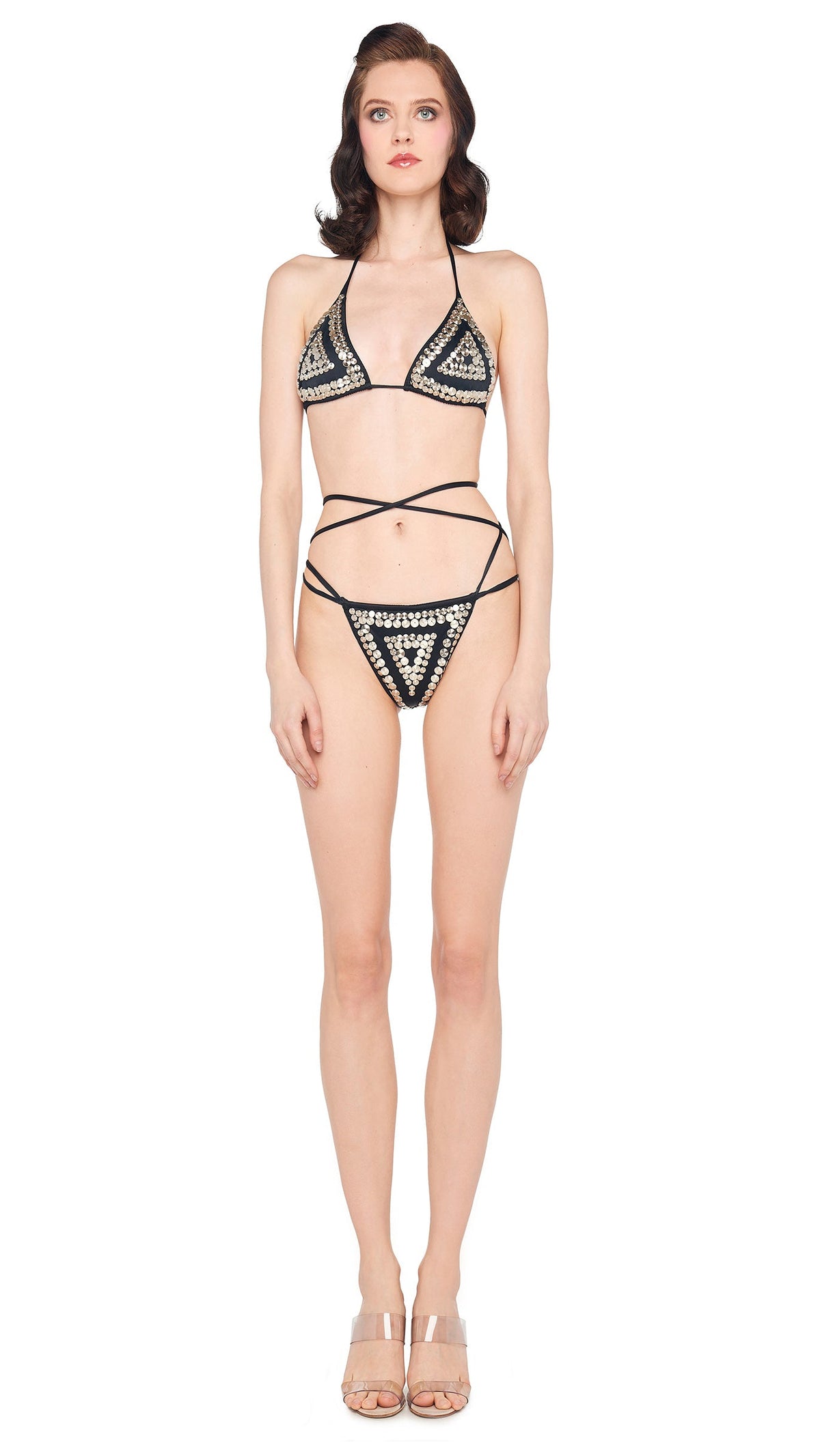 STUD ALL OVER CRISS CROSS BIKINI BRA / BOTTOM Black | Norma Kamali Women