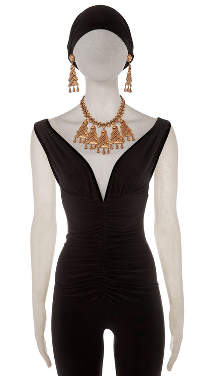 HOLLYWOOD REGENCY STYLE BIB PENDANT NECKLACE WITH MATCHING EARRINGS Brass | Norma Kamali Women
