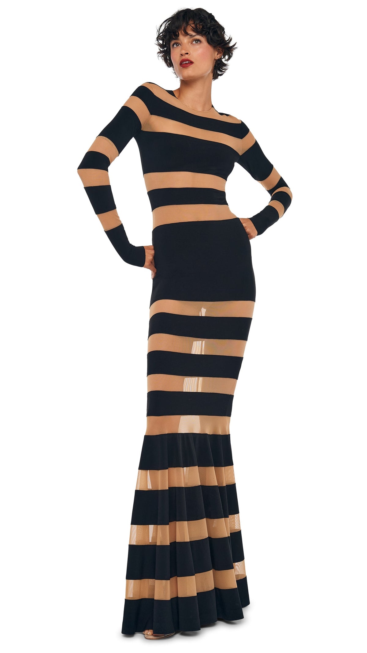 SPLICED DRESS FISHTAIL GOWN Black/Nude Mesh | Norma Kamali Women