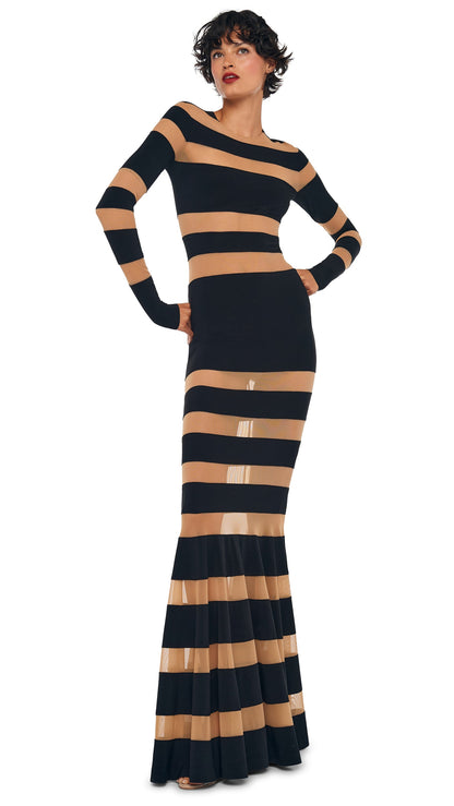 SPLICED DRESS FISHTAIL GOWN Black/Nude Mesh | Norma Kamali Women