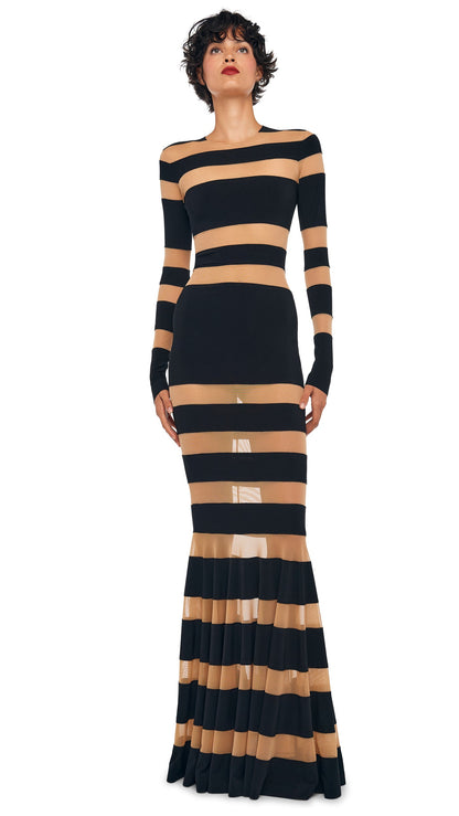 SPLICED DRESS FISHTAIL GOWN Black/Nude Mesh | Norma Kamali Women