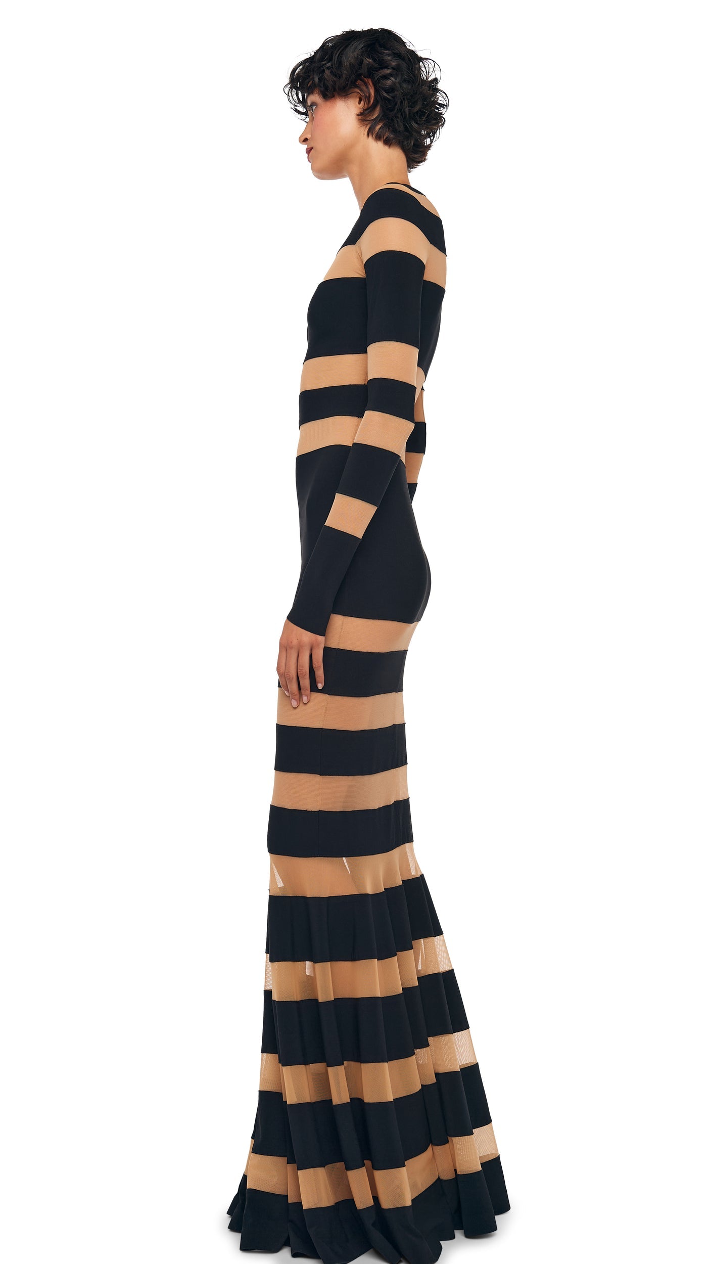 SPLICED DRESS FISHTAIL GOWN Black/Nude Mesh | Norma Kamali Women