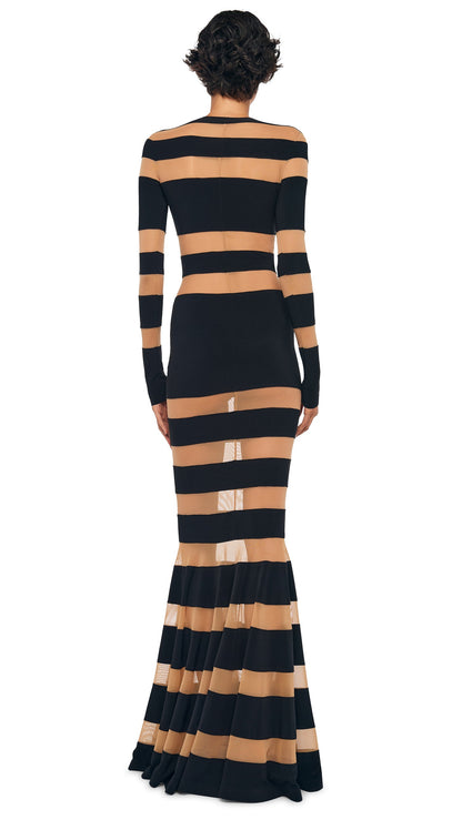 SPLICED DRESS FISHTAIL GOWN Black/Nude Mesh | Norma Kamali Women