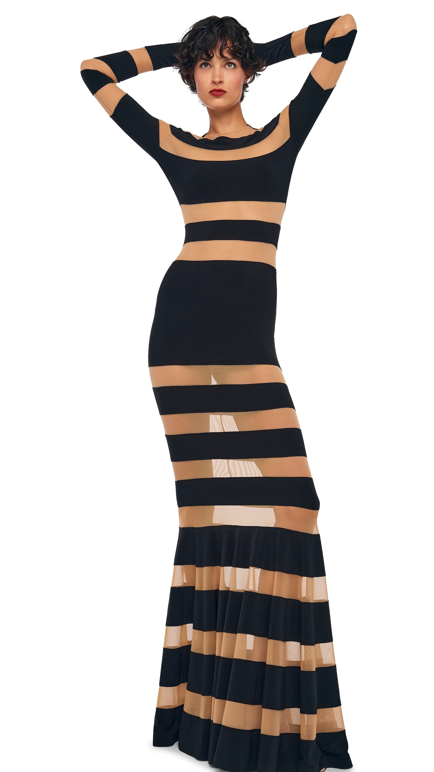 SPLICED DRESS FISHTAIL GOWN Black/Nude Mesh | Norma Kamali Women
