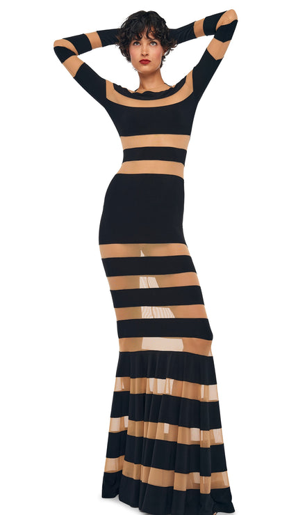 SPLICED DRESS FISHTAIL GOWN Black/Nude Mesh | Norma Kamali Women