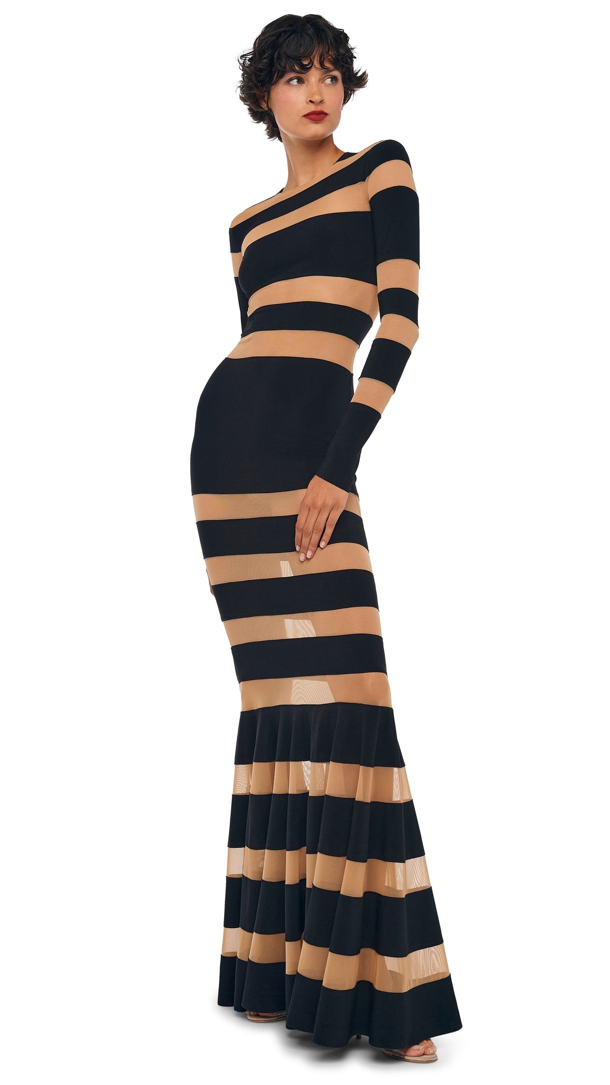 SPLICED DRESS FISHTAIL GOWN Black/Nude Mesh | Norma Kamali Women