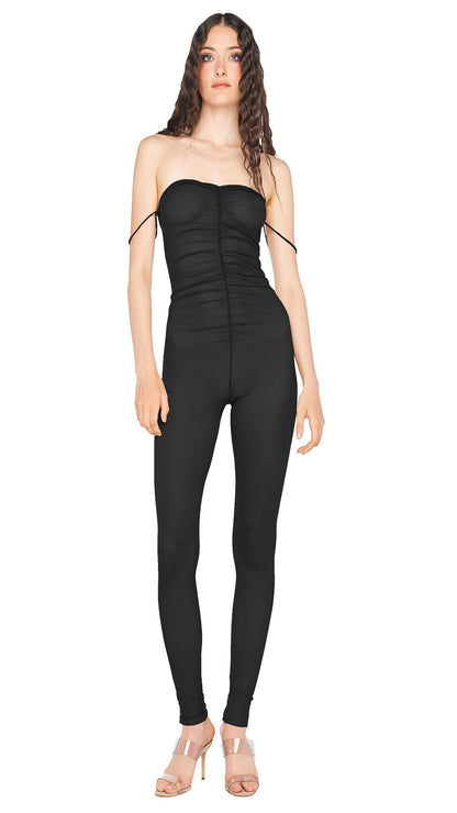 STRAPLESS SHIRRED FRONT CATSUIT Black | Norma Kamali Women