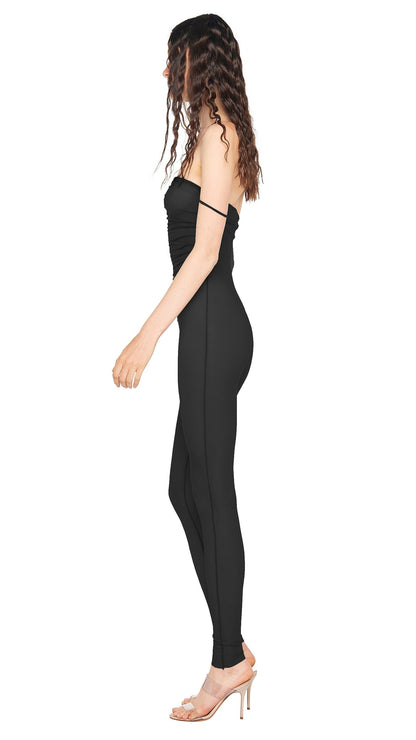 STRAPLESS SHIRRED FRONT CATSUIT Black | Norma Kamali Women