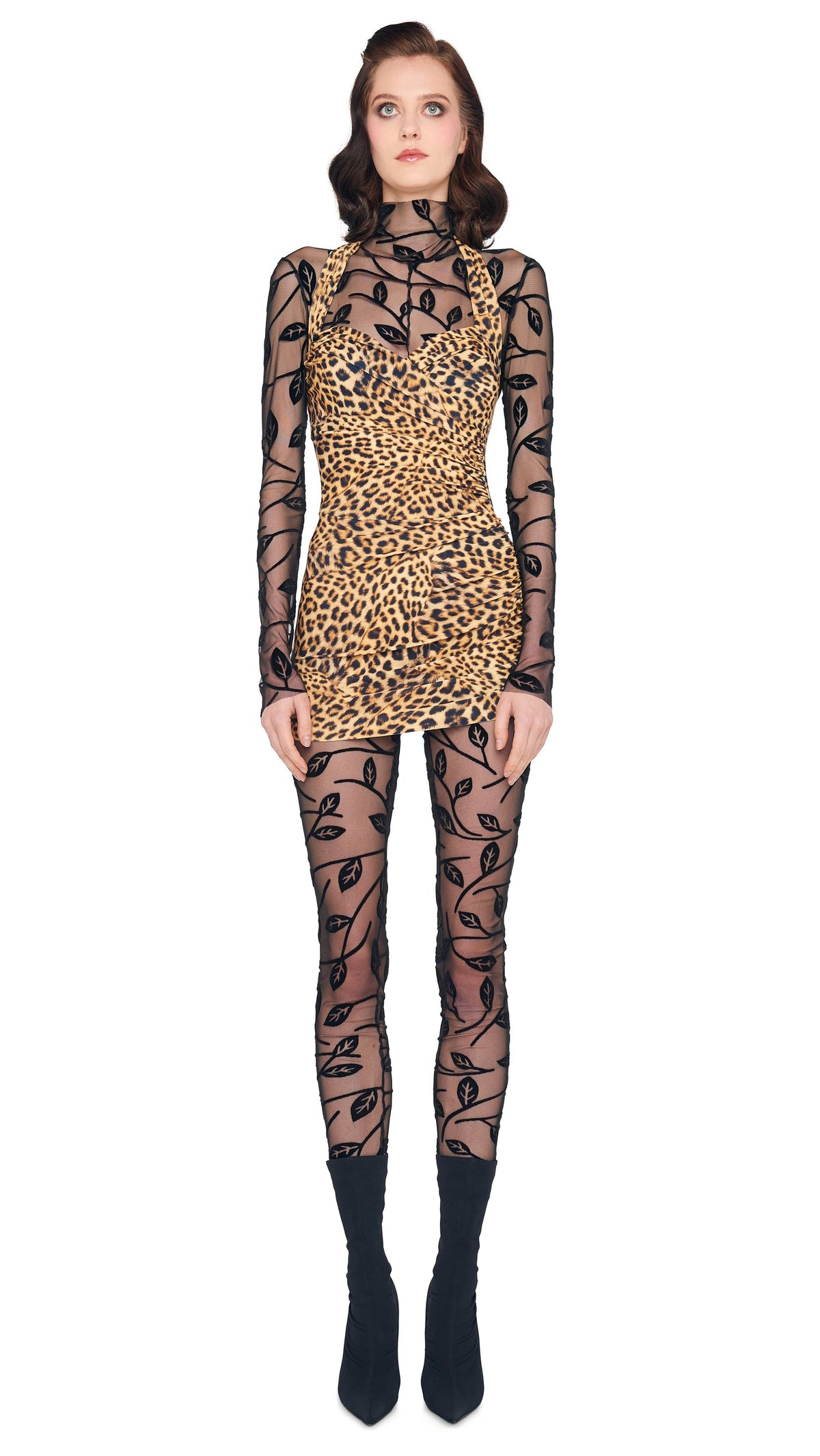 LONG SLEEVE SLIM FIT TURTLE CATSUIT Black Leaf | Norma Kamali Women
