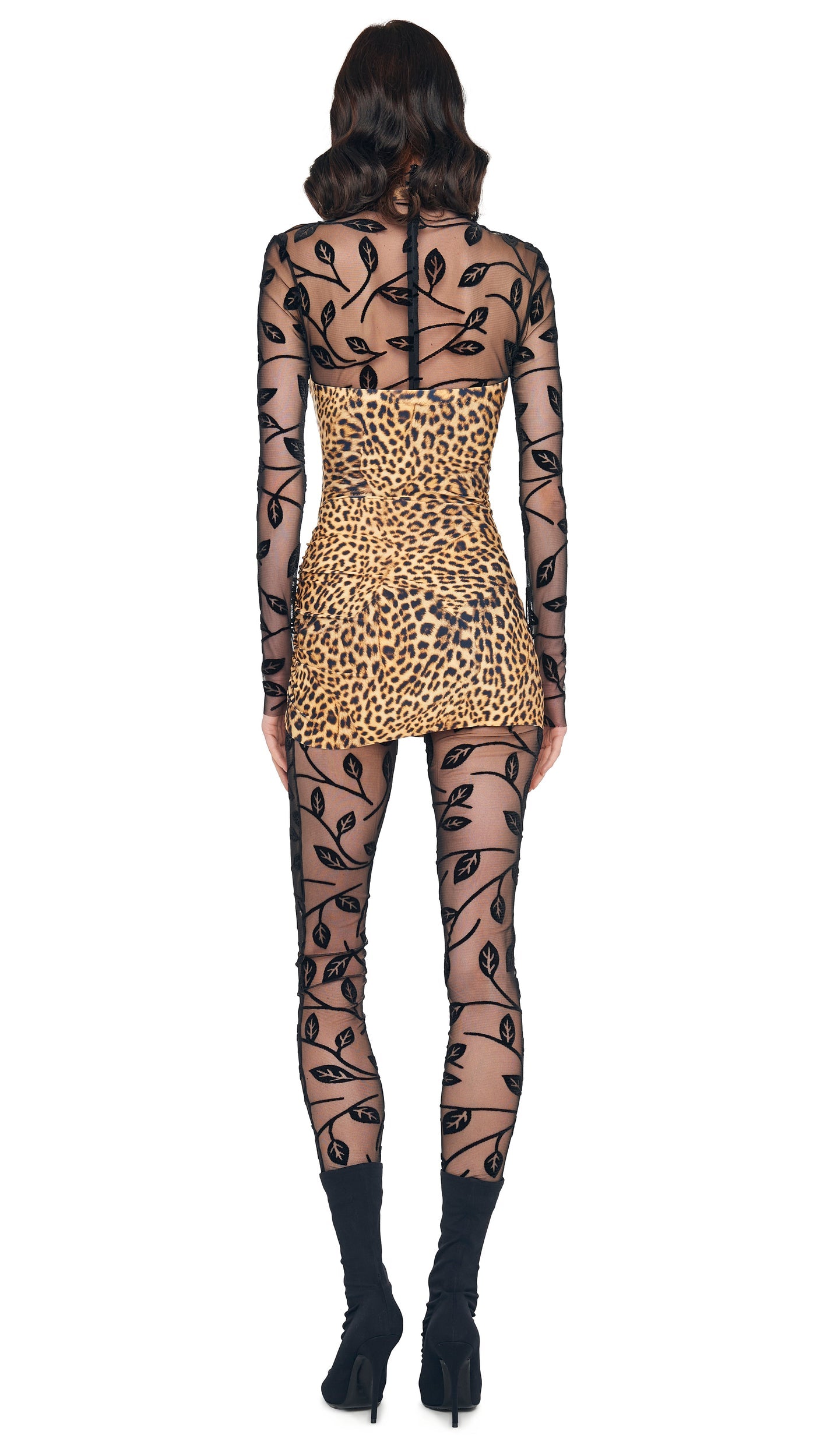 LONG SLEEVE SLIM FIT TURTLE CATSUIT Black Leaf | Norma Kamali Women