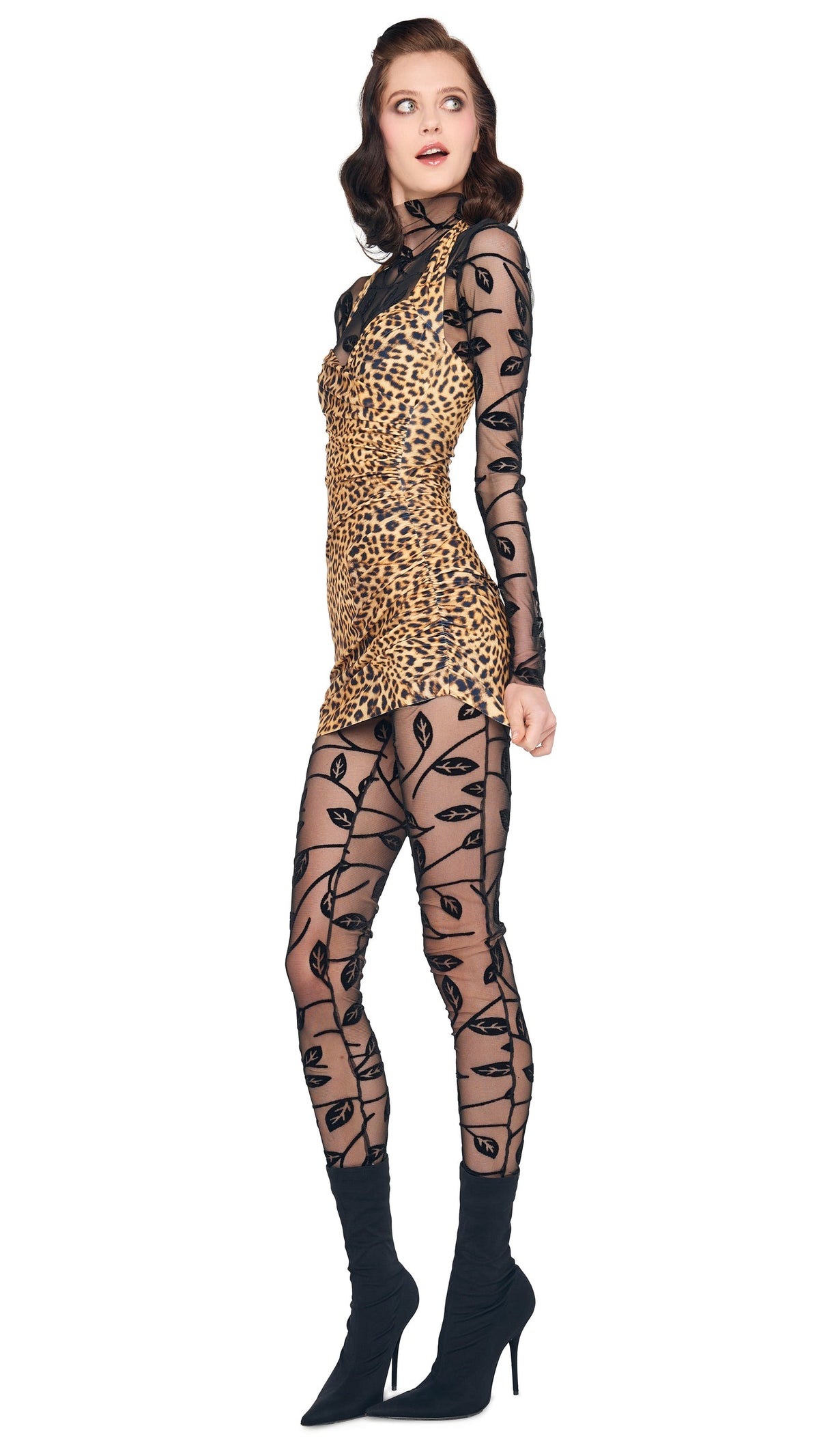 LONG SLEEVE SLIM FIT TURTLE CATSUIT Black Leaf | Norma Kamali Women
