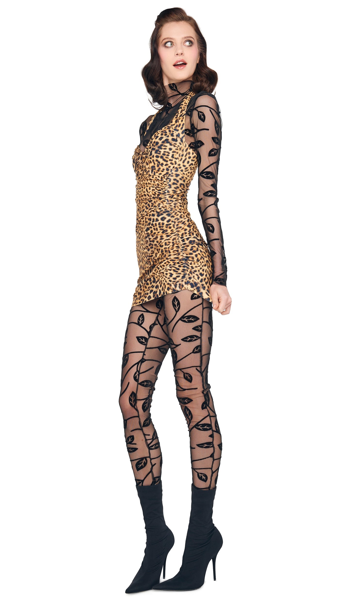 LONG SLEEVE SLIM FIT TURTLE CATSUIT Black Leaf | Norma Kamali Women