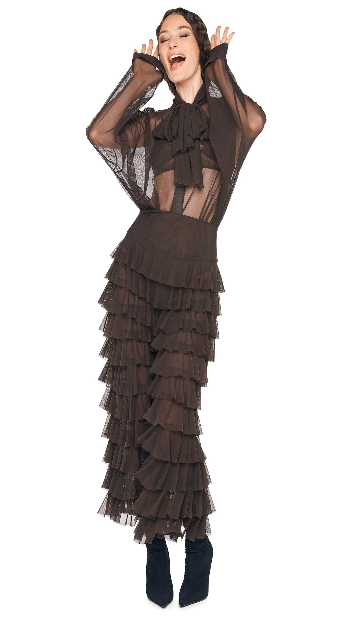 WIDE LEG RUFFLE PANT Espresso | Norma Kamali Women