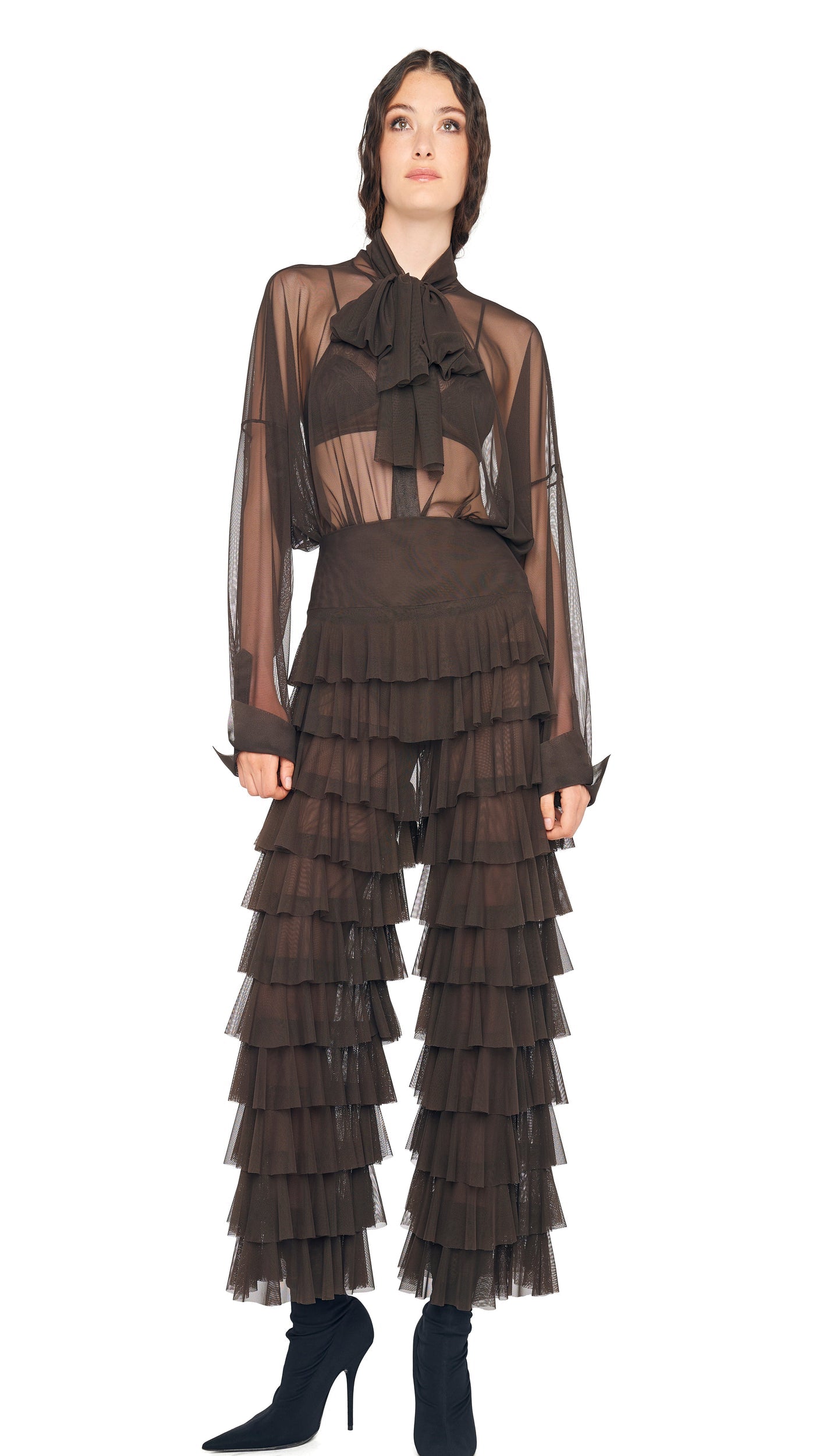 WIDE LEG RUFFLE PANT Espresso | Norma Kamali Women