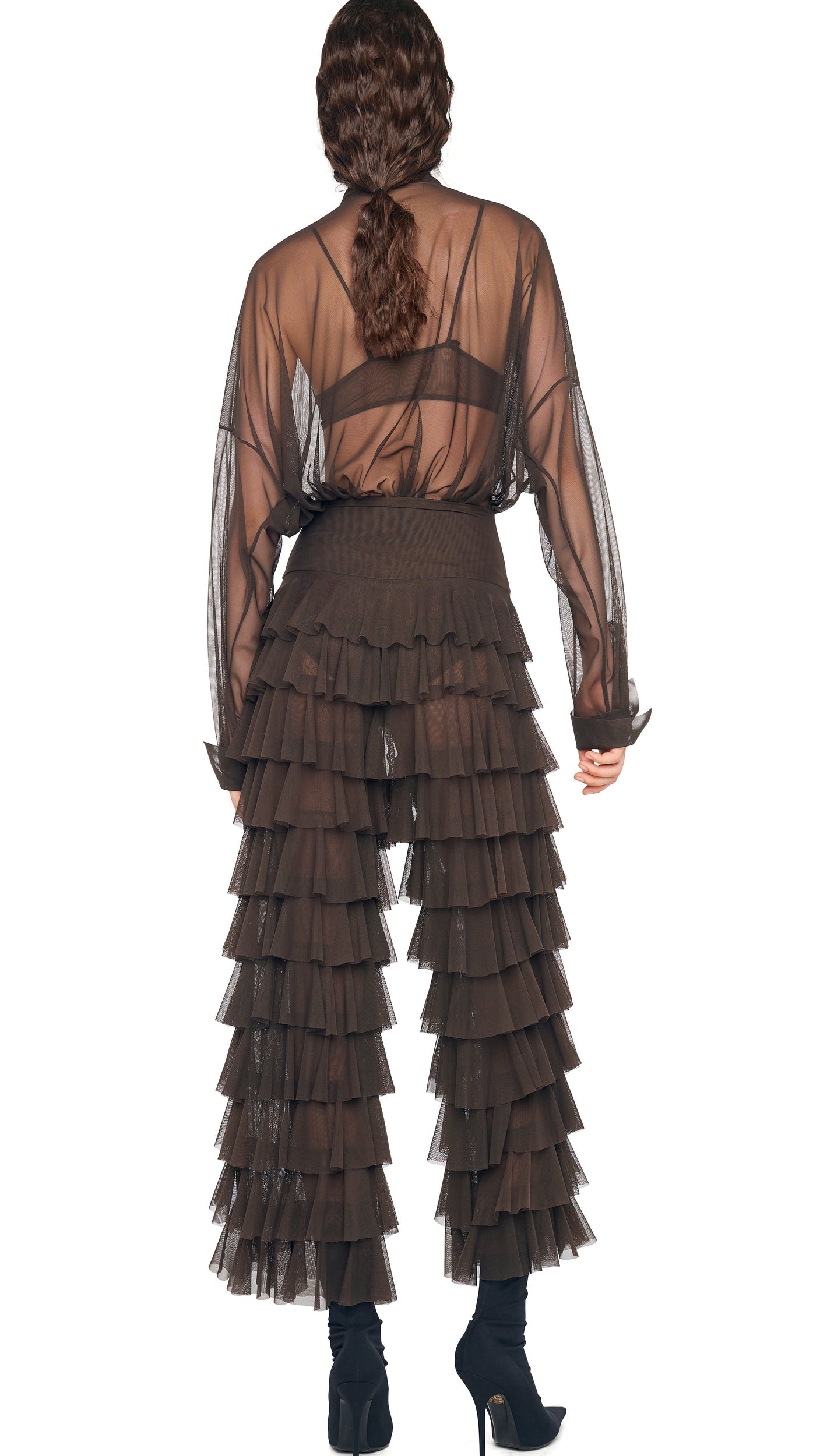 WIDE LEG RUFFLE PANT Espresso | Norma Kamali Women