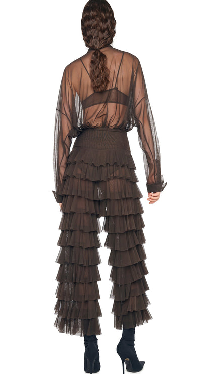 WIDE LEG RUFFLE PANT Espresso | Norma Kamali Women