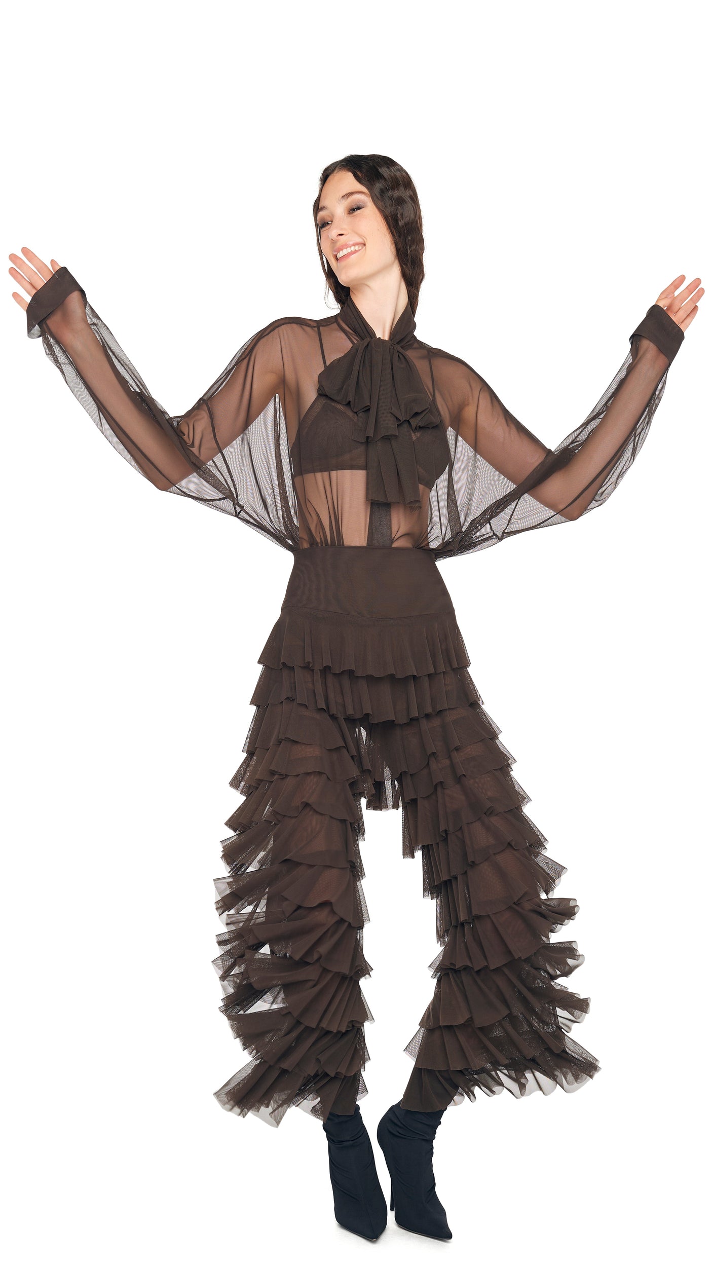 WIDE LEG RUFFLE PANT Espresso | Norma Kamali Women