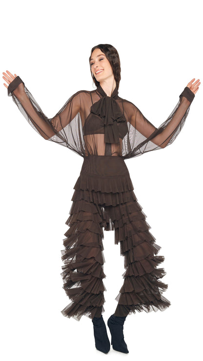 WIDE LEG RUFFLE PANT Espresso | Norma Kamali Women