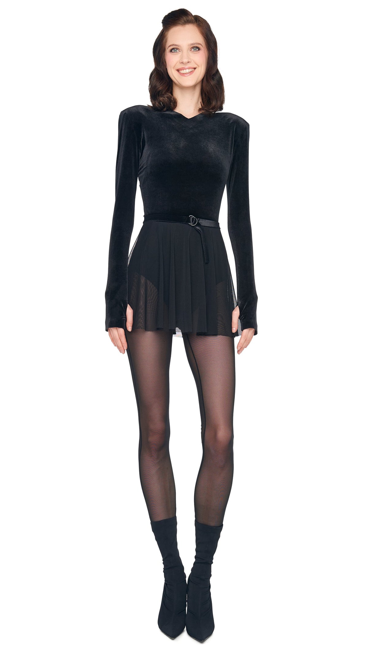 LONG SLEEVE V NECK FLARED PICKLEBALL Black | Norma Kamali Women
