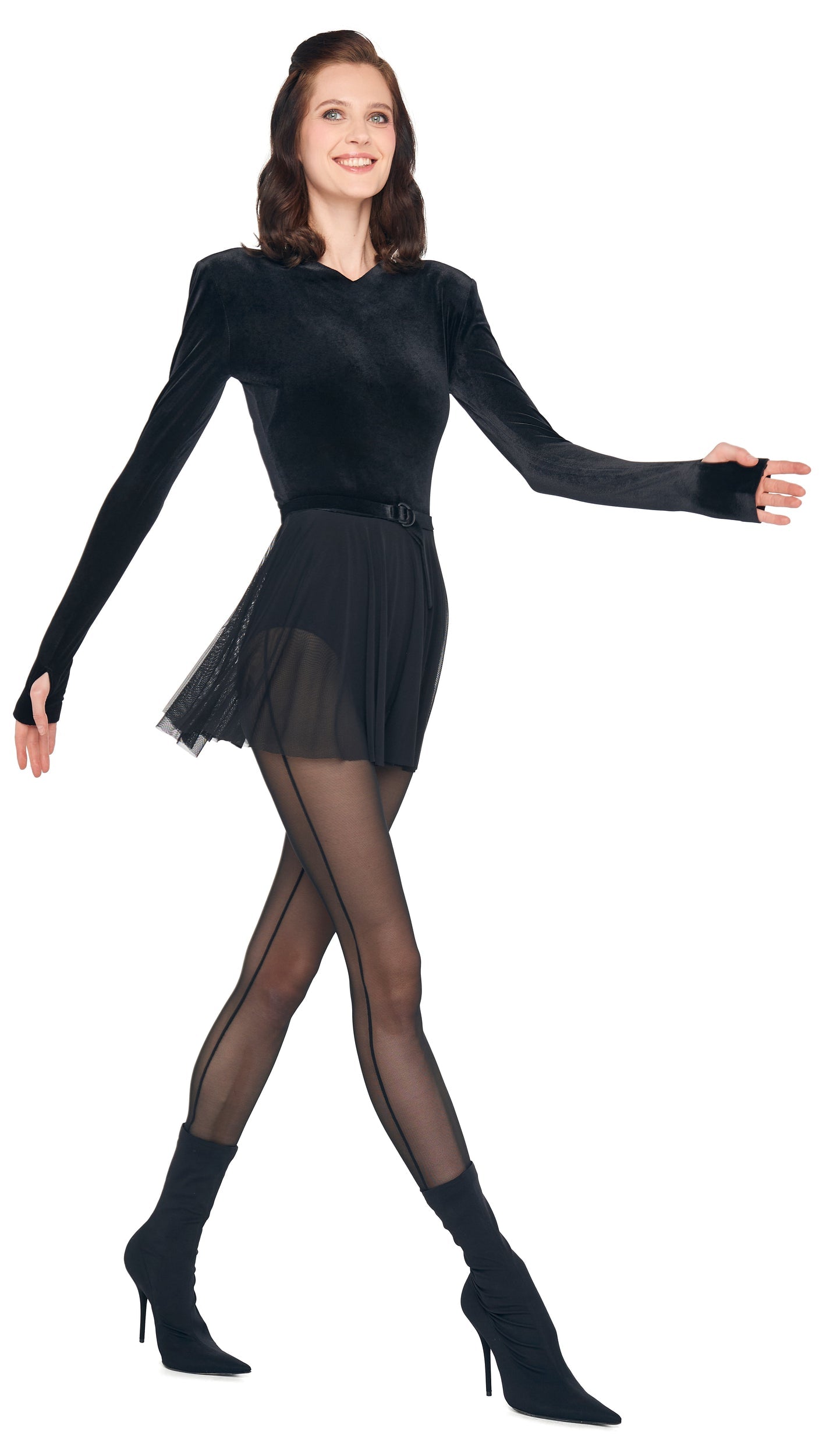 LONG SLEEVE V NECK FLARED PICKLEBALL Black | Norma Kamali Women