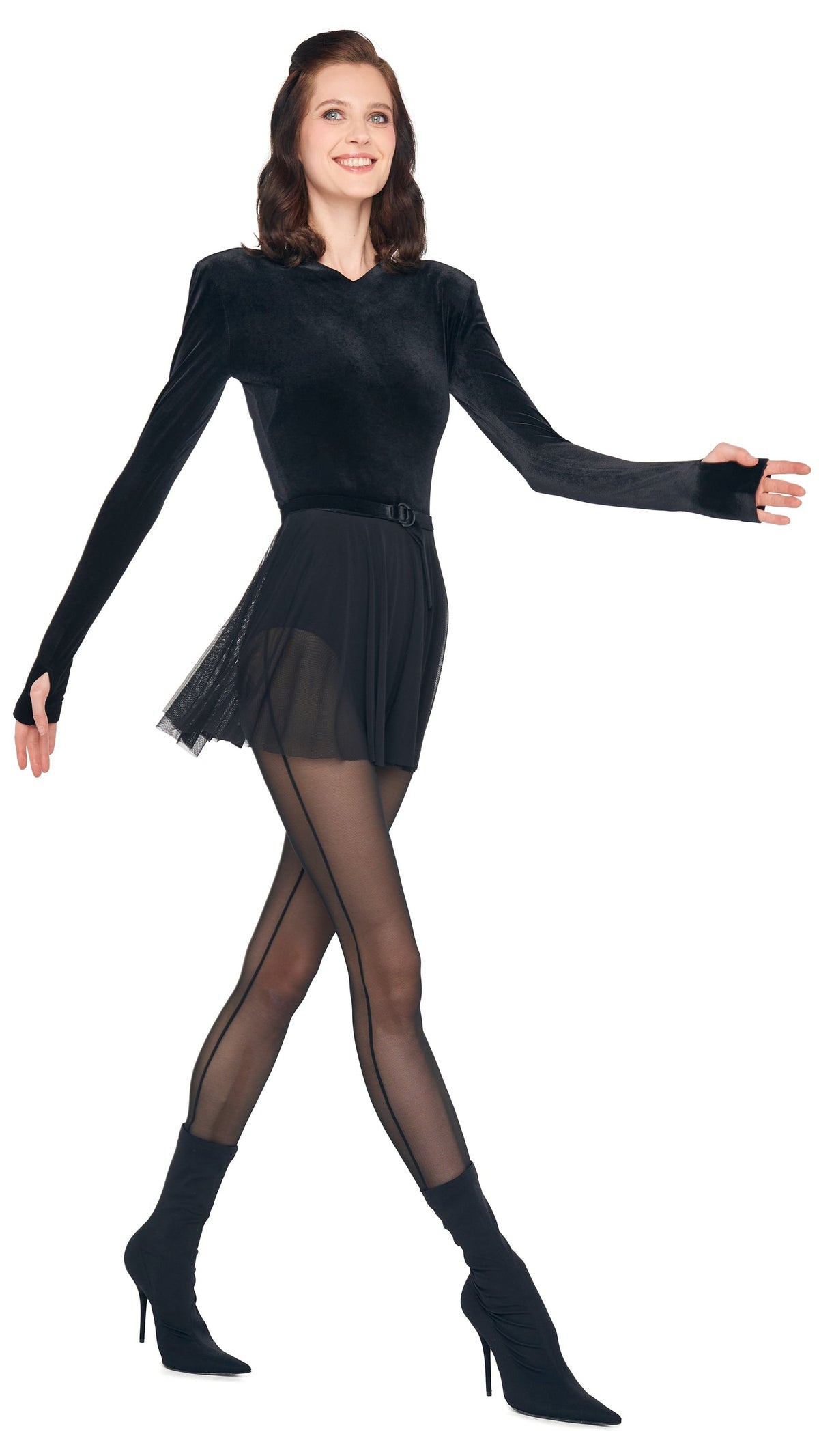 LONG SLEEVE V NECK FLARED PICKLEBALL Black | Norma Kamali Women