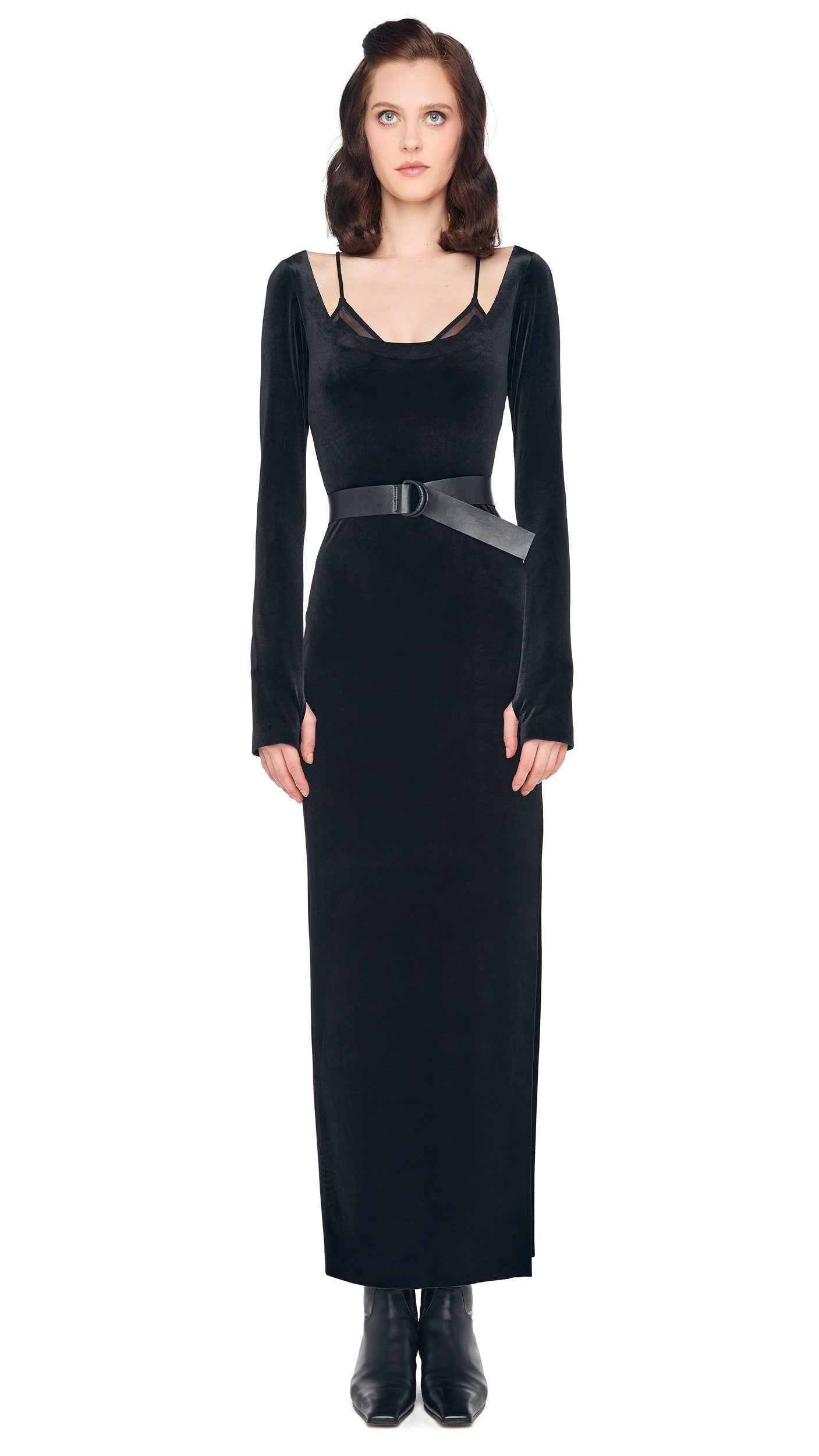 LONG SLEEVE DEEP SCOOP NECK SIDE SLIT GOWN Black | Norma Kamali Women