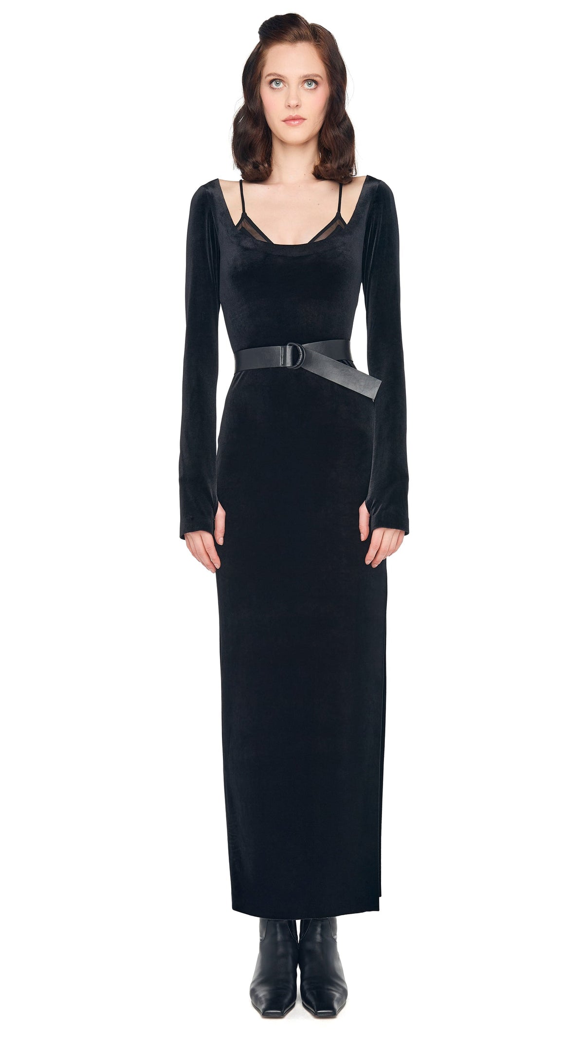 LONG SLEEVE DEEP SCOOP NECK SIDE SLIT GOWN Black | Norma Kamali Women