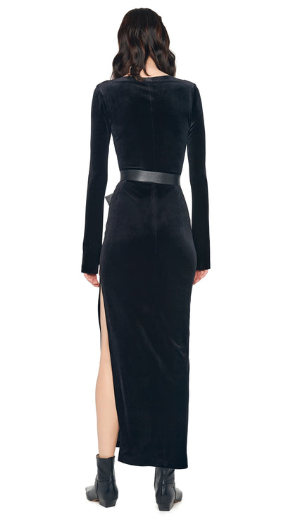 LONG SLEEVE DEEP SCOOP NECK SIDE SLIT GOWN Black | Norma Kamali Women