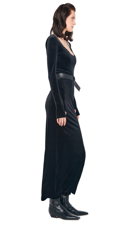 LONG SLEEVE DEEP SCOOP NECK SIDE SLIT GOWN Black | Norma Kamali Women