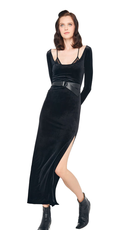 LONG SLEEVE DEEP SCOOP NECK SIDE SLIT GOWN Black | Norma Kamali Women