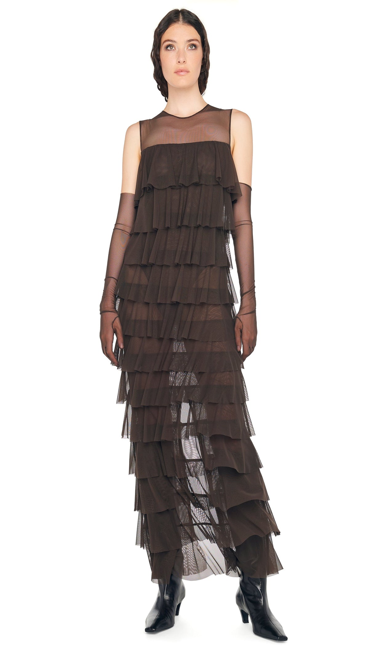 SLEEVELESS TIERED RUFFLE GOWN Espresso | Norma Kamali Women