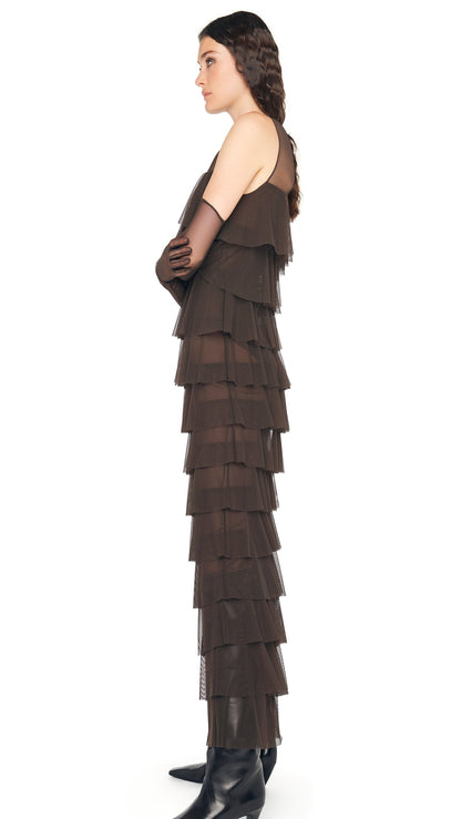 SLEEVELESS TIERED RUFFLE GOWN Espresso | Norma Kamali Women