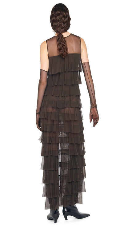 SLEEVELESS TIERED RUFFLE GOWN Espresso | Norma Kamali Women