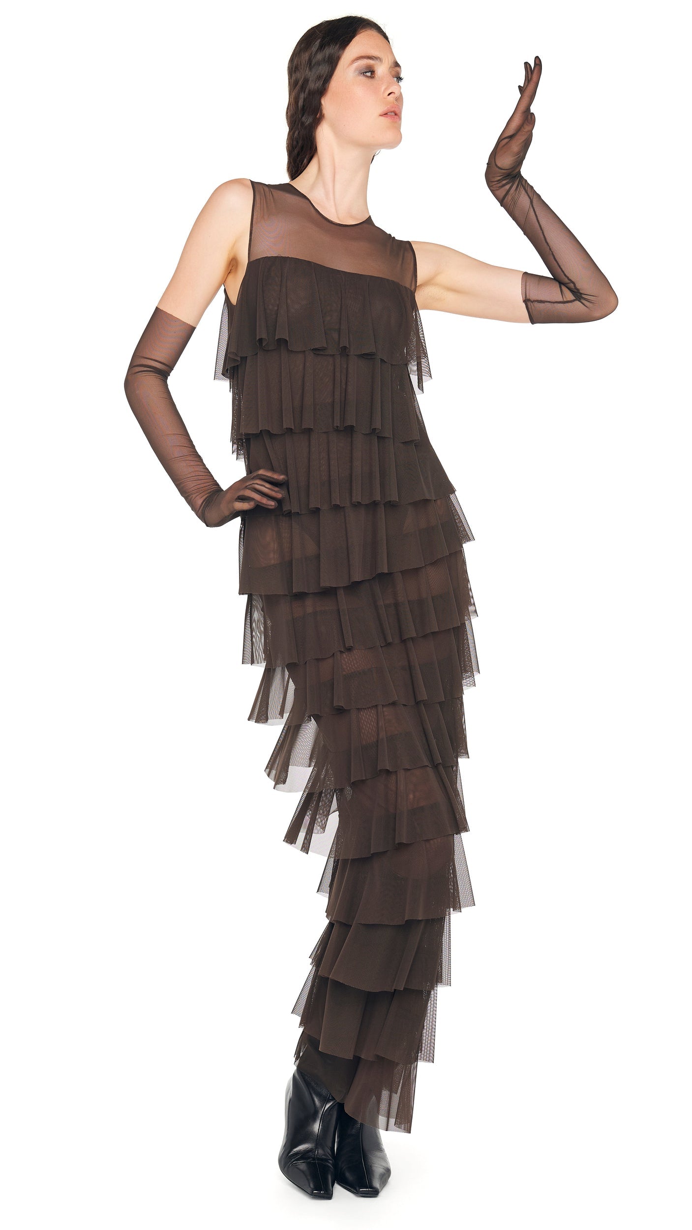 SLEEVELESS TIERED RUFFLE GOWN Espresso | Norma Kamali Women