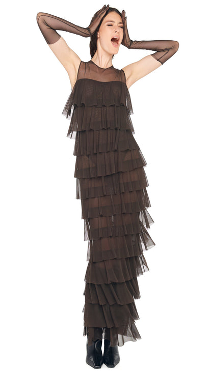 SLEEVELESS TIERED RUFFLE GOWN Espresso | Norma Kamali Women