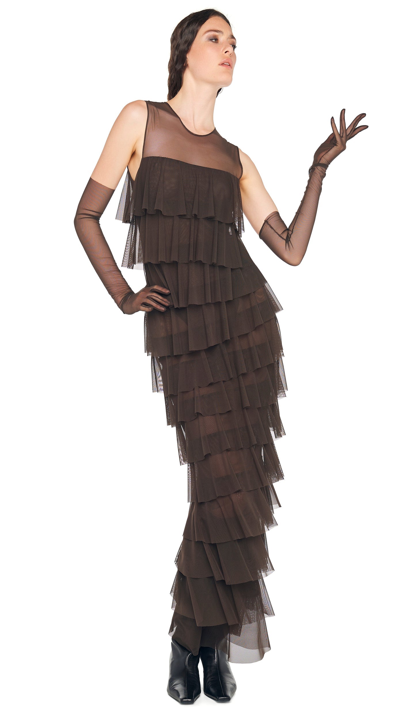 SLEEVELESS TIERED RUFFLE GOWN Espresso | Norma Kamali Women