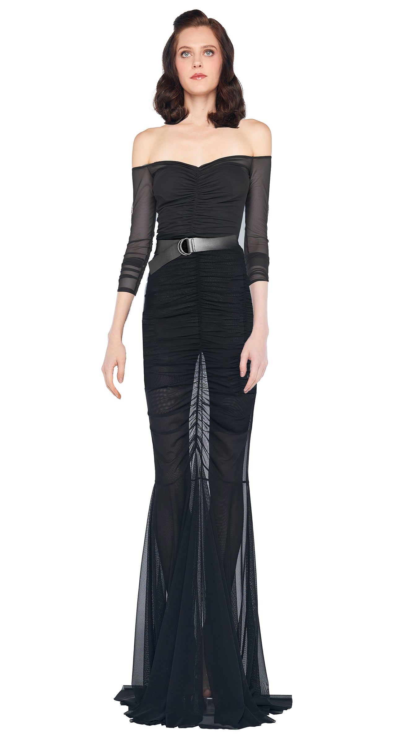 OFF SHOULDER SHIRRED FISHTAIL GOWN Black | Norma Kamali Women