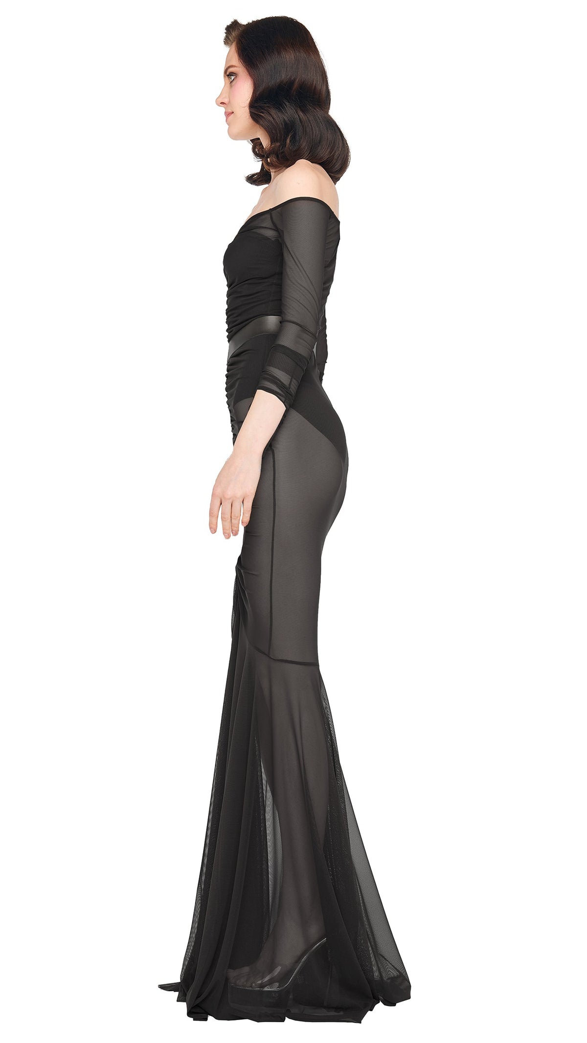 OFF SHOULDER SHIRRED FISHTAIL GOWN Black | Norma Kamali Women