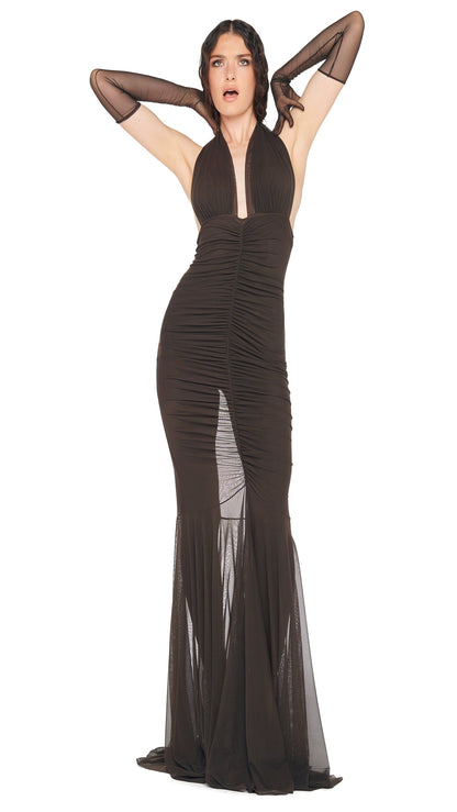 HALTER SHIRRED FRONT FISHTAIL GOWN Espresso | Norma Kamali Women