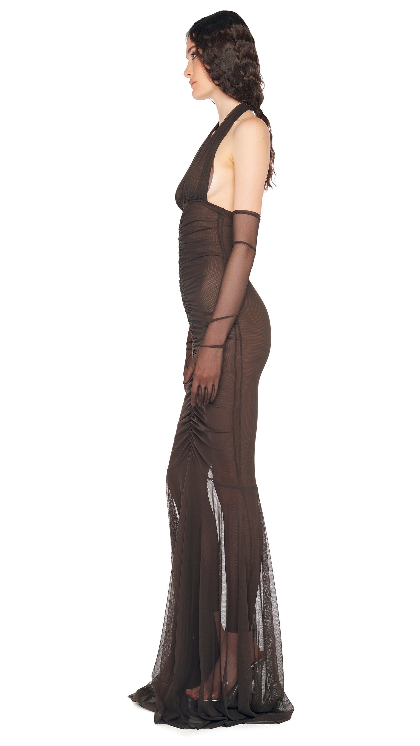 HALTER SHIRRED FRONT FISHTAIL GOWN Espresso | Norma Kamali Women