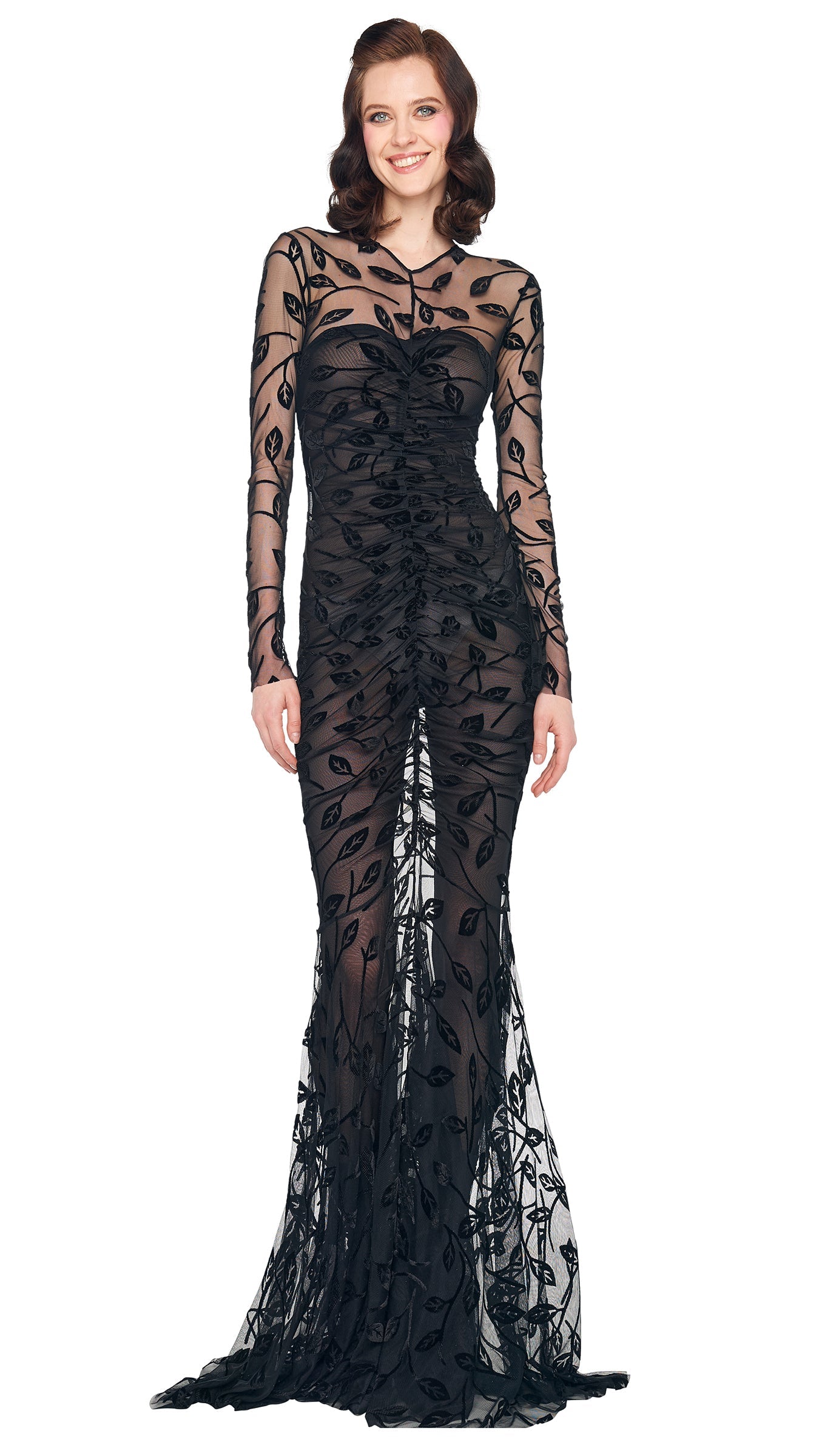 LS V NECK SHIRRED FRONT FISHTAIL GOWN Black Leaf | Norma Kamali Women